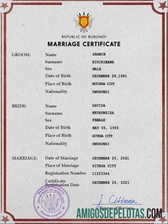 Imprimível modelo PSD de certidão de casamento do Burundi